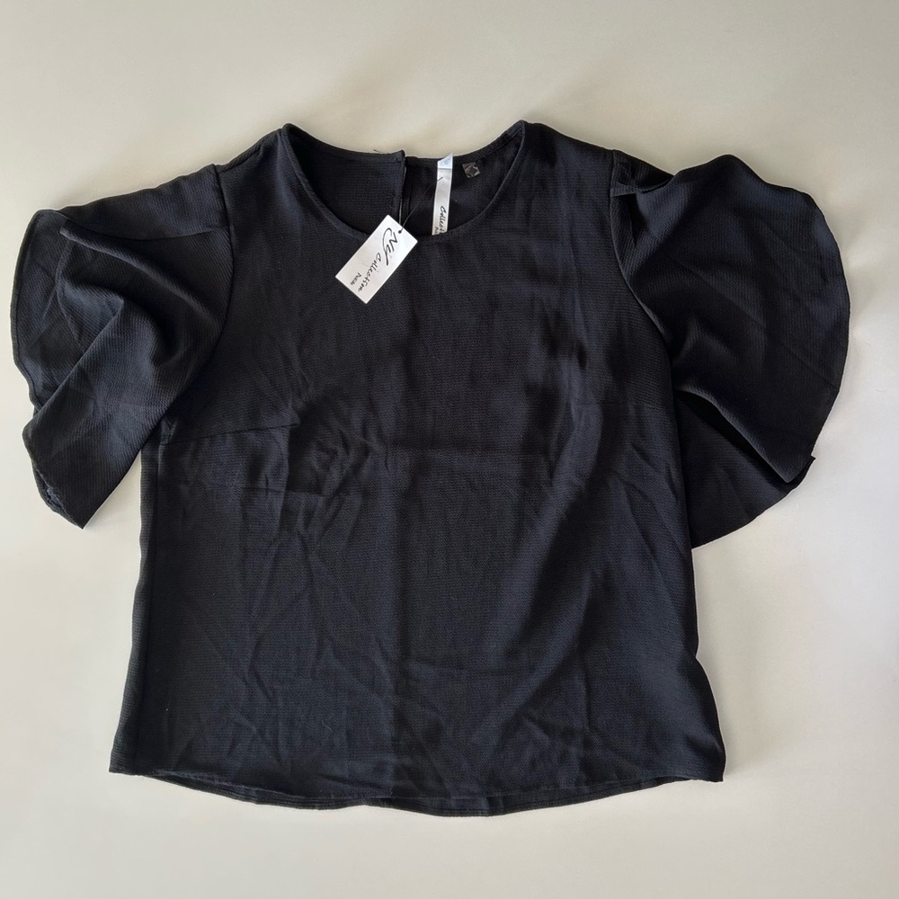 NWT - NY Collections Petite Women’s Black Ruffle Short Sleeve Top Size PXL
